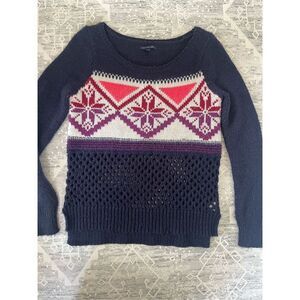 American Eagle Sweater Womens XS Blue Wool Blend Fair Isle Open Knit Pullover